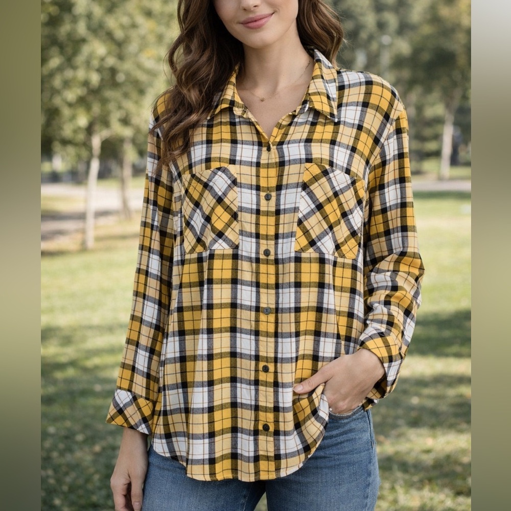 Sanctuary yellow and white plaid long sleeve button down shirt, worn once